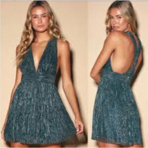 Lulu’s Ailey Gold and Teal Metallic Plunge Skater Dress Size Small